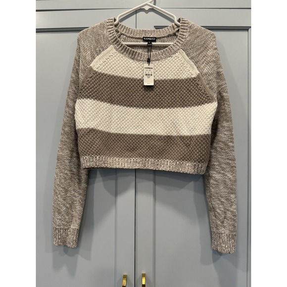 Express Sweaters - NWT‎ Express Crop Knit Sweater Beige Stripe Minimalist Heritage Classy Preppy